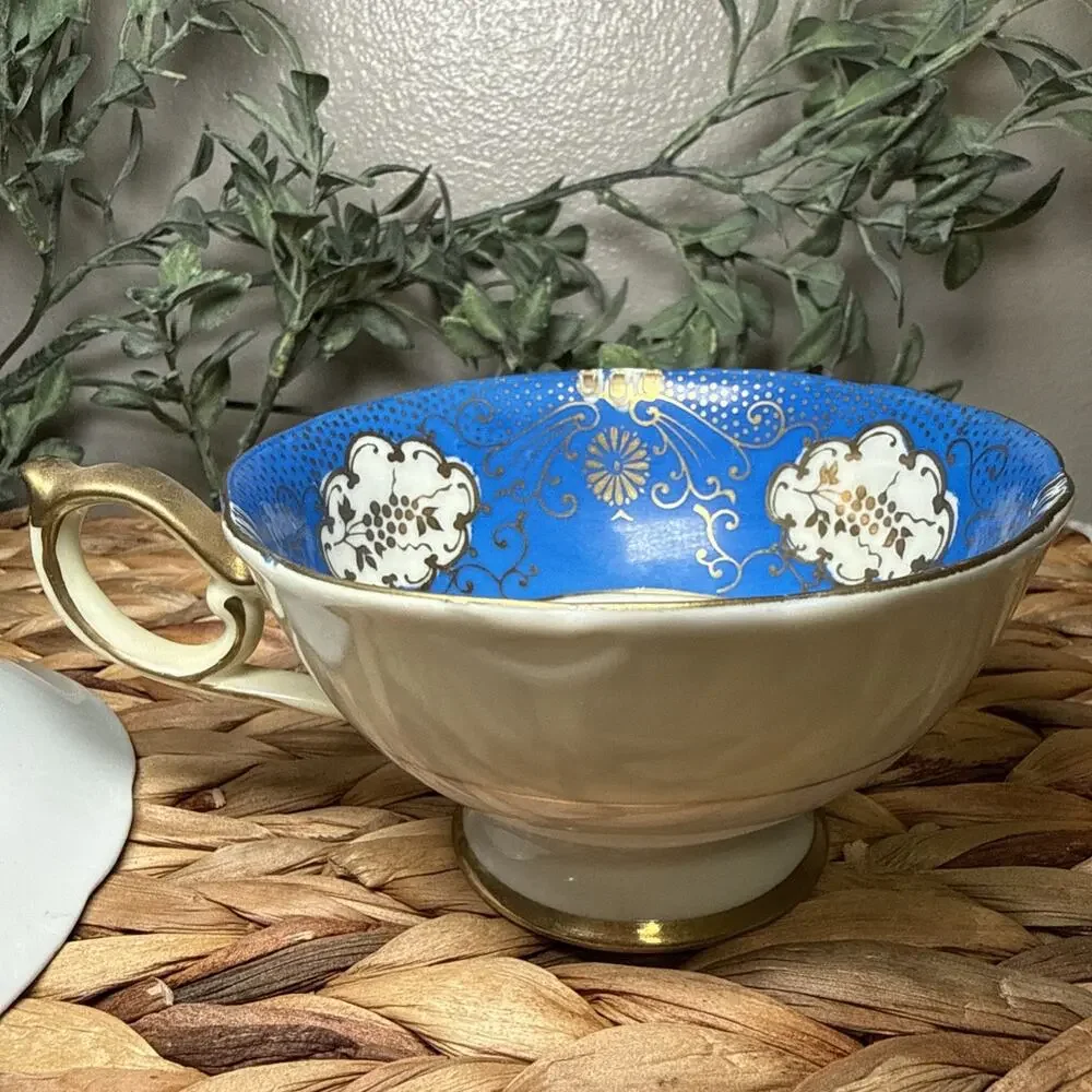 Vintage Hand Painted Japan Cobalt Blue Gold Gilt Tea Cup Saucer Rose Floral